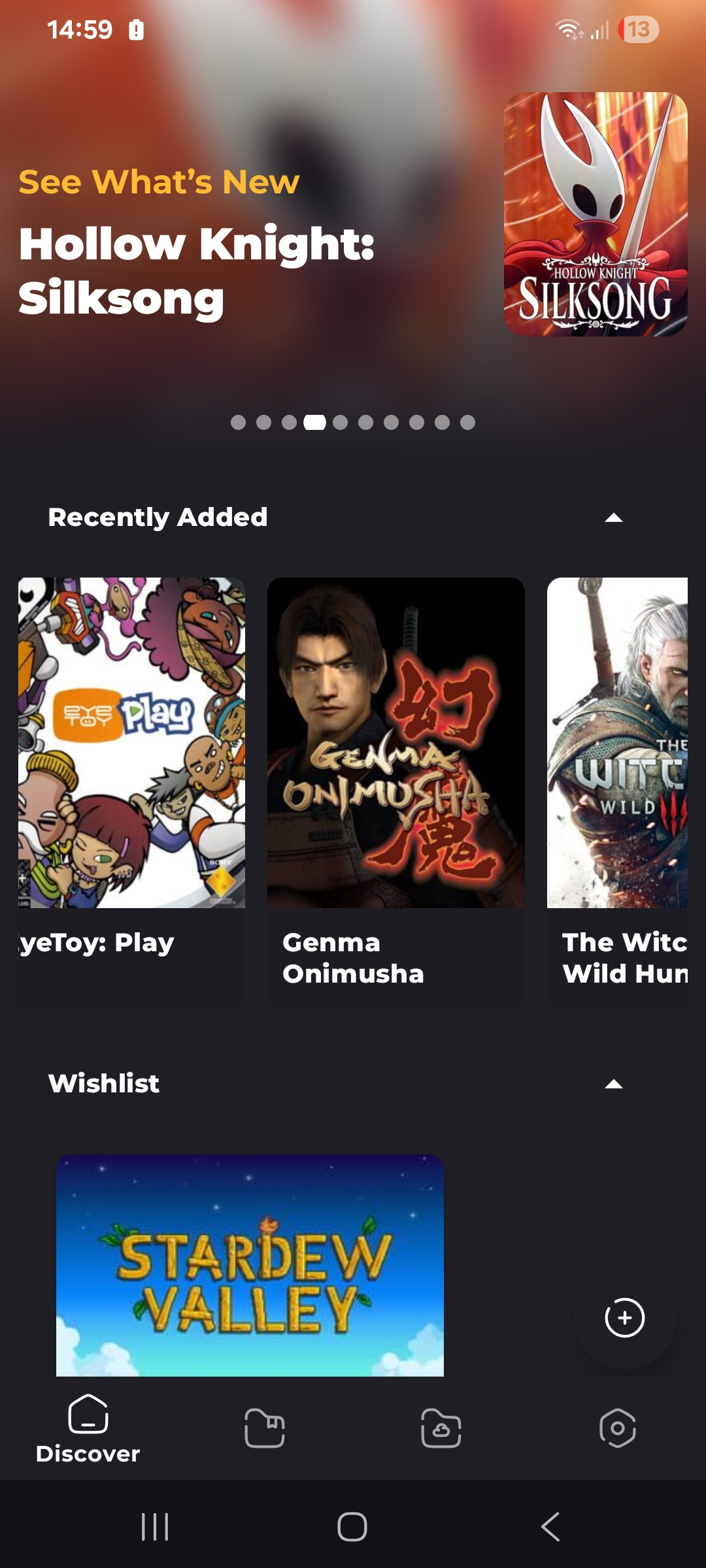 Collecto mobile home screen for recently added games and wishlist