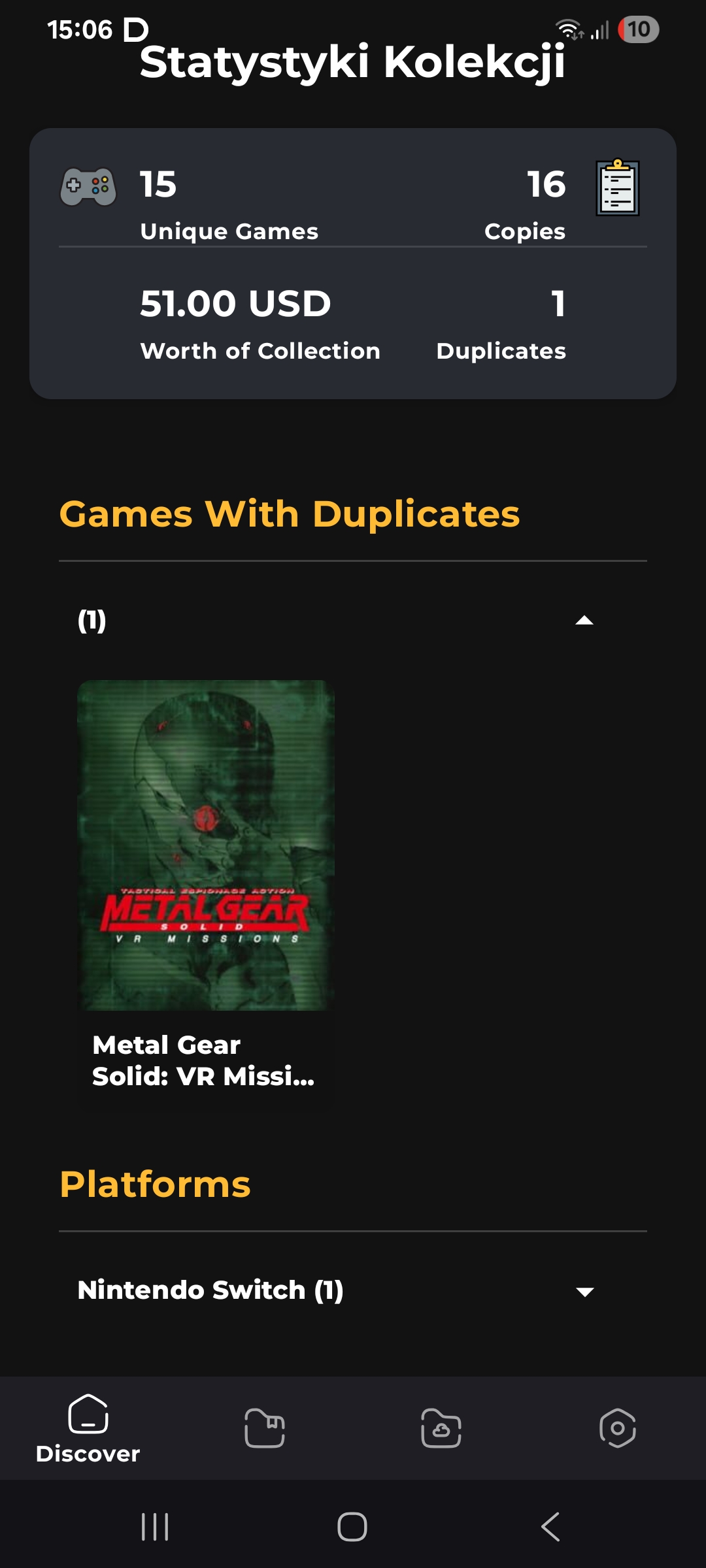 Collecto collection statistics screen with game copies, value and duplicates