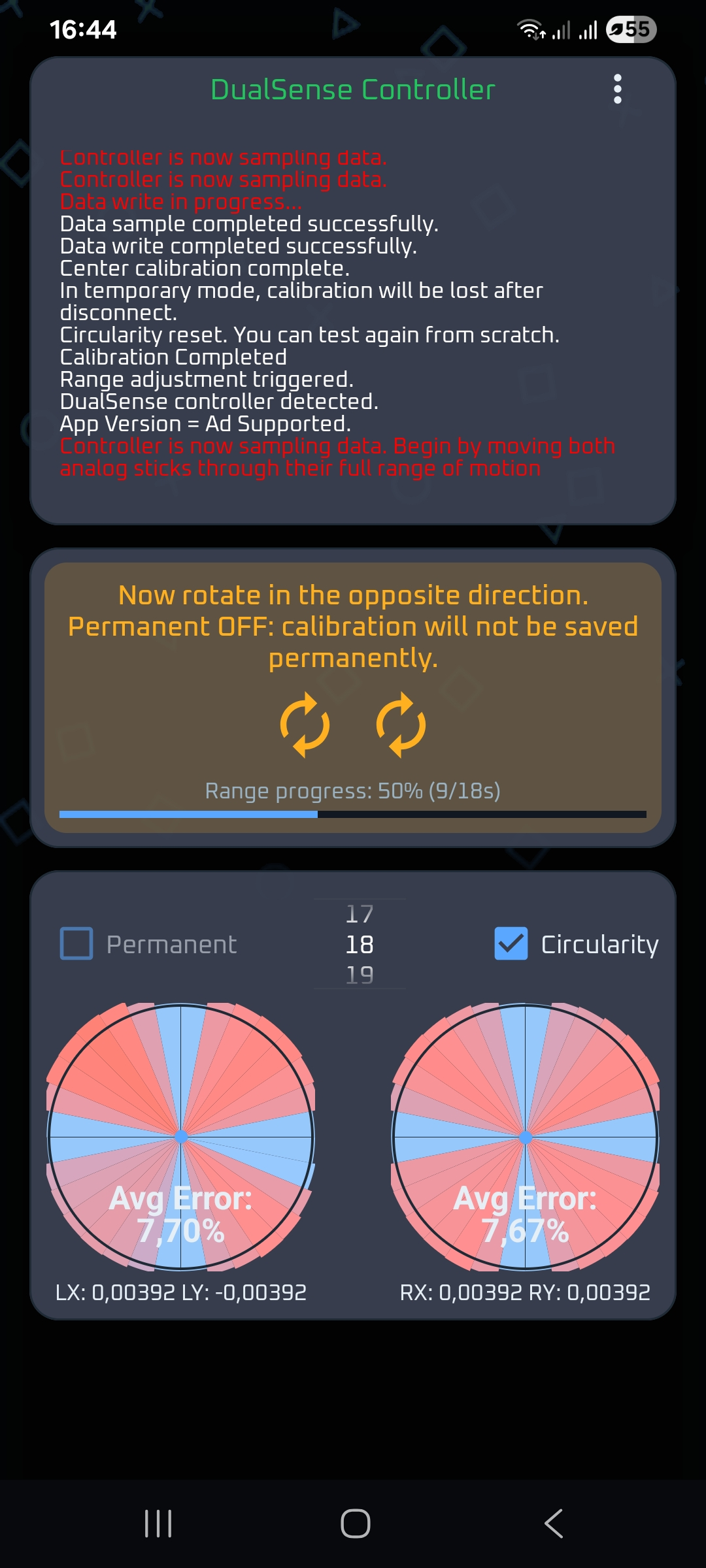 DriftGuard range calibration screen for DualSense controller