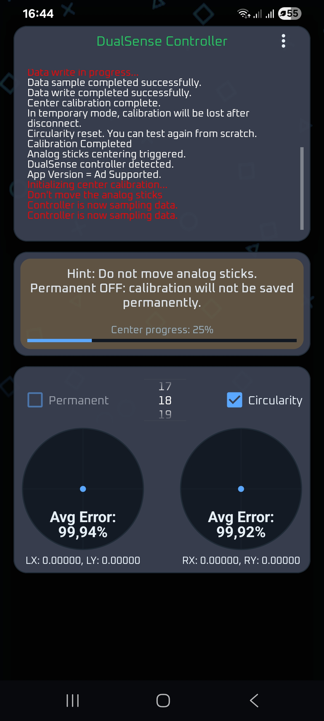 DriftGuard center calibration screen showing analog stick drift error