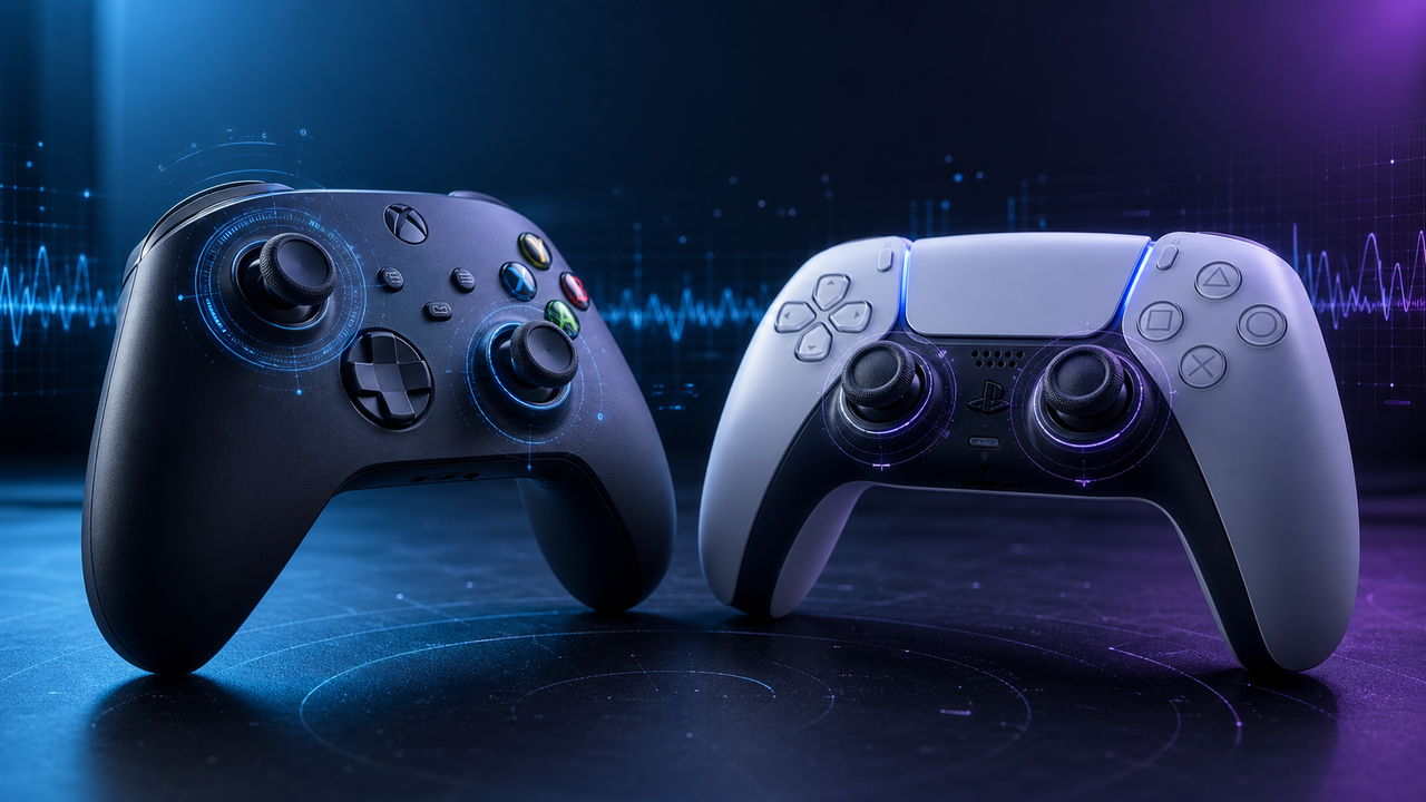 DriftGuard gamepad calibration app banner with Xbox and PS5 controllers